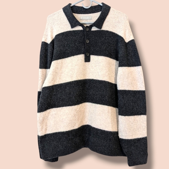Everlane Black Cream Stripe Stretch Wool Rugby Polo Sweater XL Machine Washable - Picture 2 of 10